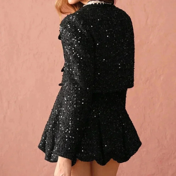 Black Party Women's Romantic Elegant Sequin Cropped Sparkling Tweed Jacket - Picture 8 of 8